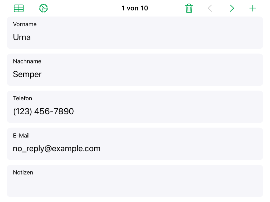 Datensatz in einem Formular mit Feldern für Name, Telefonnummer, E-Mail und mehr. Außerdem werden oben Steuerelemente zum Anzeigen der verknüpften Tabelle, der Steuerungen für die Formulareinstellungen und zum Wechseln zwischen den Datensätzen angezeigt.