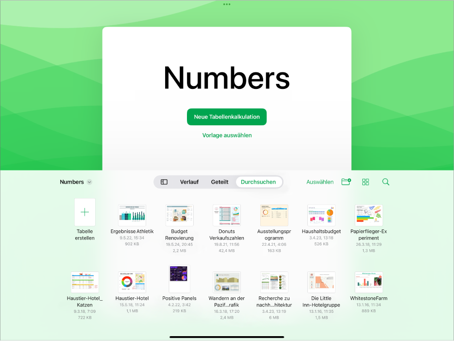 Der Dokumentenmanager von Numbers mit Tasten, mit denen du eine neue Tabellenkalkulation erstellen kannst oder oben eine Vorlage auswählen kannst, sowie Steuerelemente zum Öffnen gesicherter Tabellenkalkulationen unten.