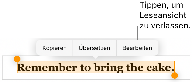 Ein Satz ist ausgewählt und darüber befindet sich ein Kontextmenü mit den Optionen „Kopieren“ und „Bearbeiten“.