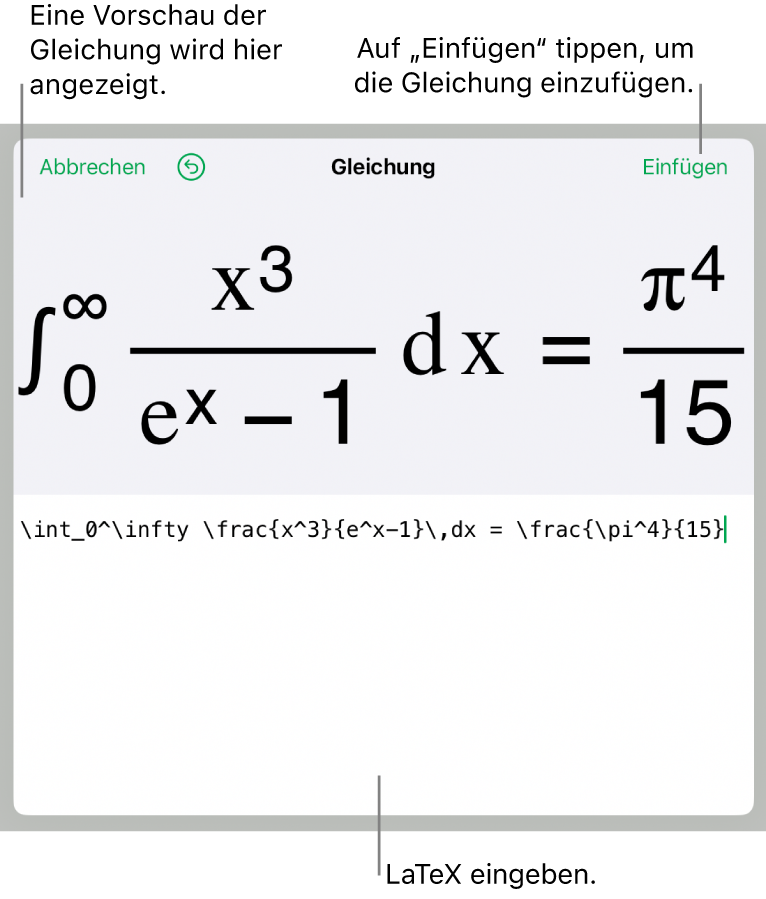 Im Dialogfenster „Gleichung“ wird eine Gleichung angezeigt, die mit LaTex-Befehlen geschrieben wurde, darüber wird eine Vorschau der Formel angezeigt.