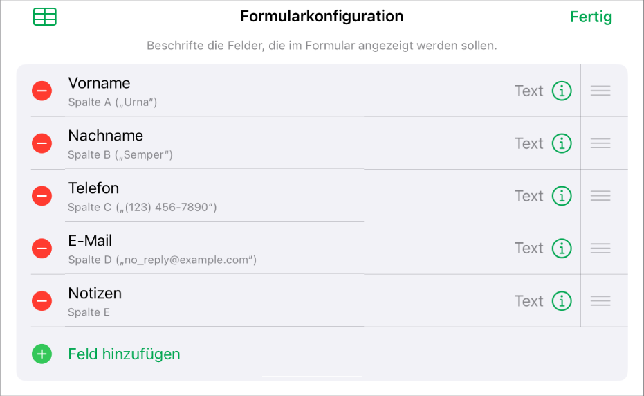 Die Steuerelemente für Formulareinstellungen mit den Optionen zum Hinzufügen, Bearbeiten, Anordnen und Löschen von Feldern sowie zum Ändern des Feldformats (wie zum Beispiel von „Text“ zu „Prozent“).