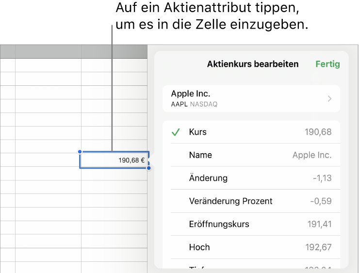 Das Popover „Aktienkurs“ mit dem Aktiennamen oben und den auswählbaren Aktienattributen, darunter aufgelistet sind u. a. der Kurs, der Name, die absolute und die prozentuale Änderung sowie der Eröffnungs- und der Höchstkurs.