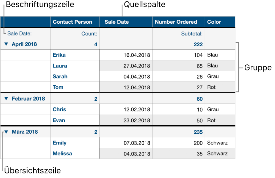 Eine kategorisierte Tabelle mit der Quellenspalte, Gruppen, Zusammenfassungszeile und Beschriftungszeile