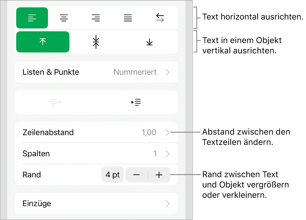 Der Abschnitt „Layout“ im Informationsfenster „Format“ mit Bezugslinien zu den Ausrichtungstasten und zu den Abstandstasten für Text.