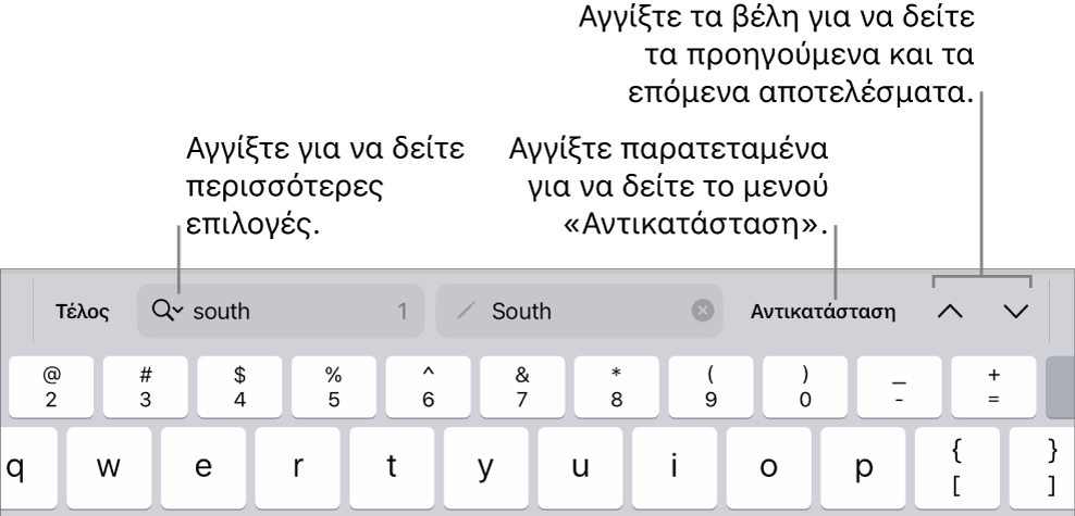 Τα στοιχεία ελέγχου «Εύρεση και αντικατάσταση» πάνω από το πληκτρολόγιο με επεξηγήσεις για τα κουμπιά «Επιλογές αναζήτησης», «Αντικατάσταση», «Μετάβαση πάνω» και «Μετάβαση κάτω».