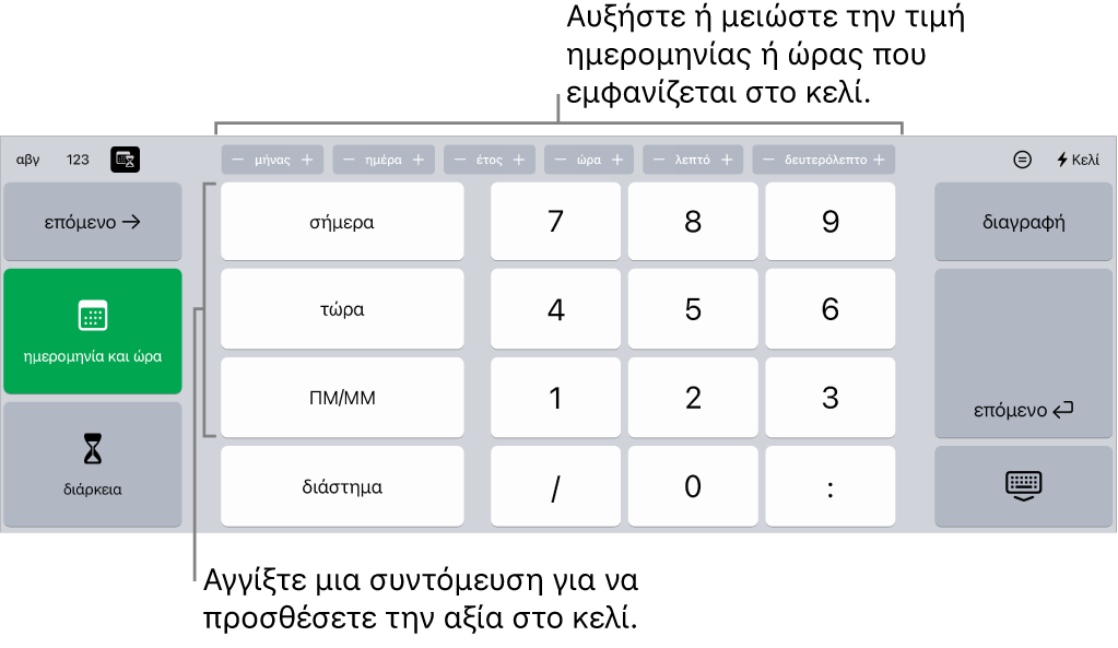 Το πληκτρολόγιο ημερομηνίας και ώρας. Τα κουμπιά στο πάνω μέρος αντιστοιχούν στις μονάδες χρόνου (μήνας, ημέρα, έτος και ώρα) που μπορείτε να αυξομειώσετε για να αλλάξετε την τιμή που εμφανίζεται στο κελί. Υπάρχουν πλήκτρα στα αριστερά για εναλλαγή μεταξύ των πληκτρολογίων ημερομηνίας και ώρας και διάρκειας, ενώ τα πλήκτρα αριθμών βρίσκονται στο κέντρο του πληκτρολογίου.