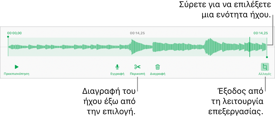 Στοιχεία ελέγχου για επεξεργασία ήχου εγγραφής. Λαβές που υποδεικνύουν την επιλεγμένη ενότητα της εγγραφής και τα κουμπιά «Προεπισκόπηση», «Περικοπή», «Διαγραφή» και «Επεξεργασία» από κάτω.