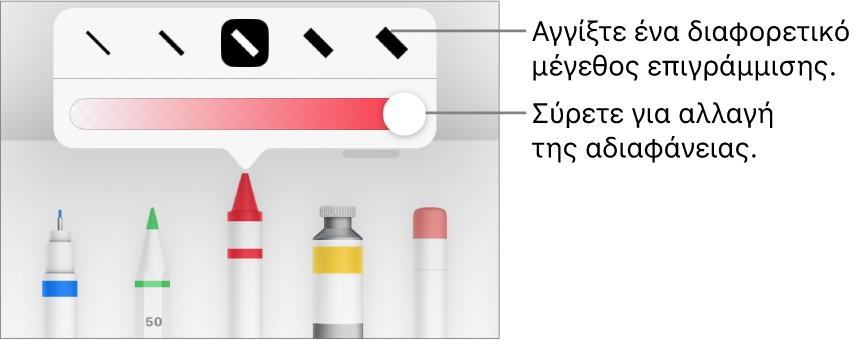 στοιχεία ελέγχου για επιλογή μεγέθους επιγράμμισης και ρυθμιστικό για προσαρμογή της αδιαφάνειας.