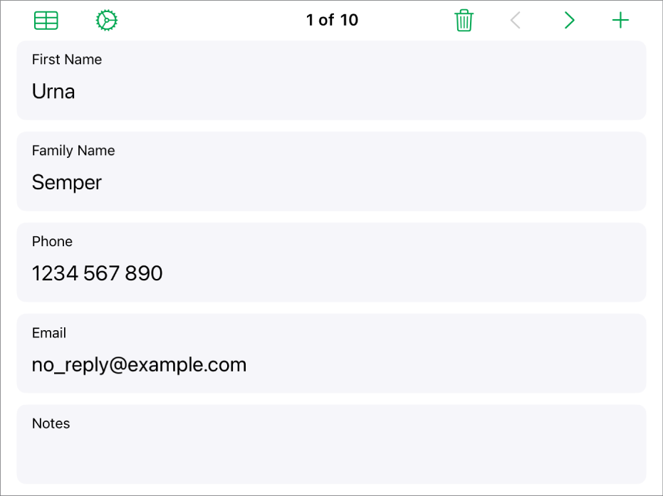 One record in a form with fields for name, phone number, email and more. Also, the controls to view the linked table, form set-up controls, and switch between records are at the top.
