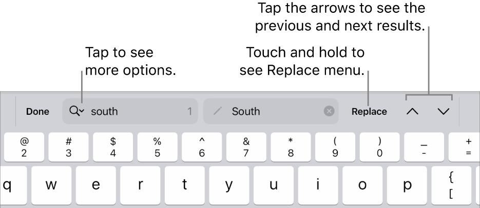 The Find & Replace controls above the keyboard with callouts to the Search Options, Replace, Go Up and Go Down buttons.