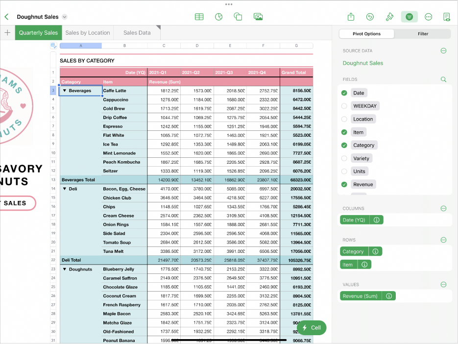 A spreadsheet with the Pivot Options controls showing in the Organise sidebar on the right side of the screen.