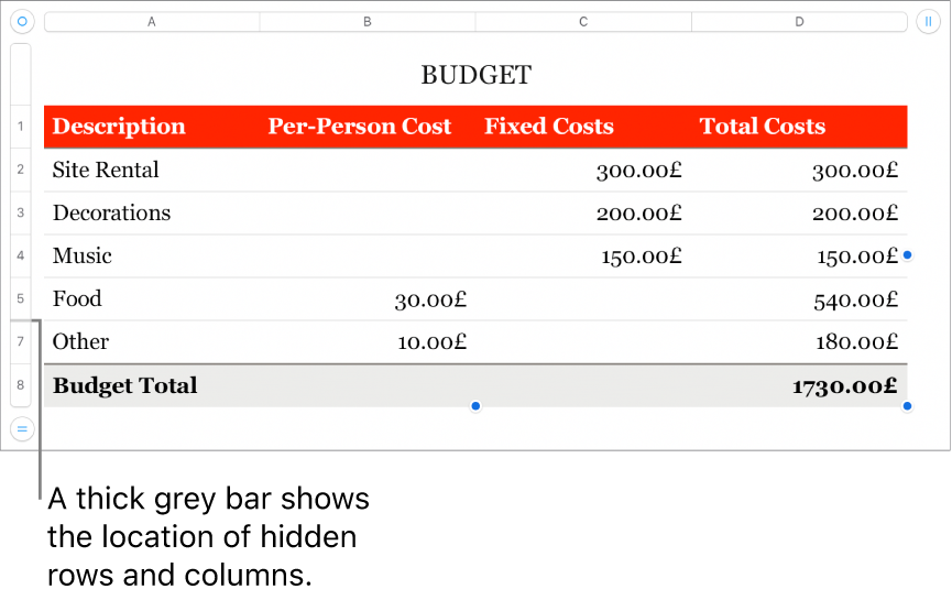 A thick grey bar that shows the location of hidden rows and columns