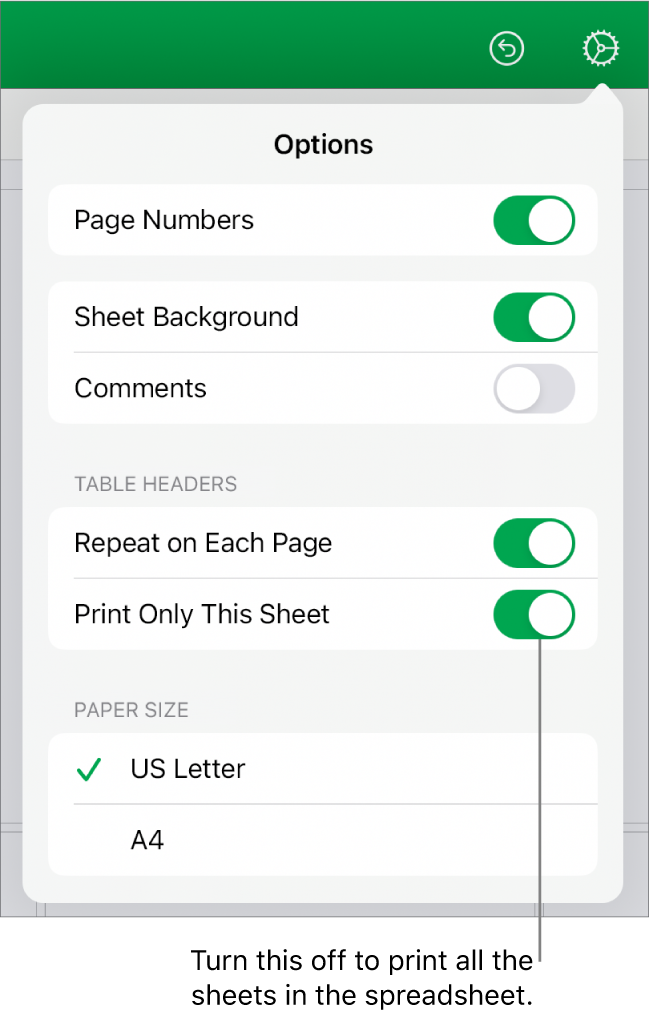 The print preview pane, with controls for showing page numbers, repeating headers on each page, changing the paper size, and choosing to print the entire spreadsheet or only the current sheet.