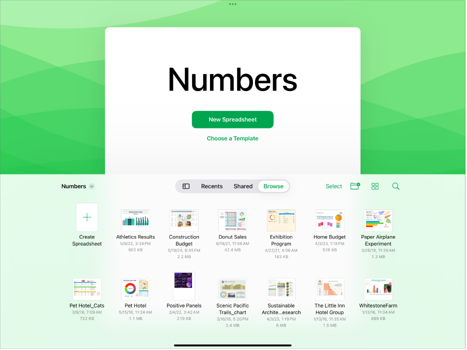 The Numbers document manager with buttons to create a new spreadsheet or choose a template at the top of the screen, and controls to open saved spreadsheet on the bottom.