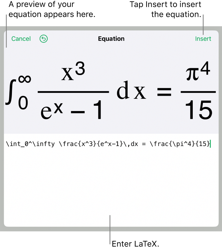 The Equation dialogue, showing an equation written using LaTex commands, and a preview of the formula above.