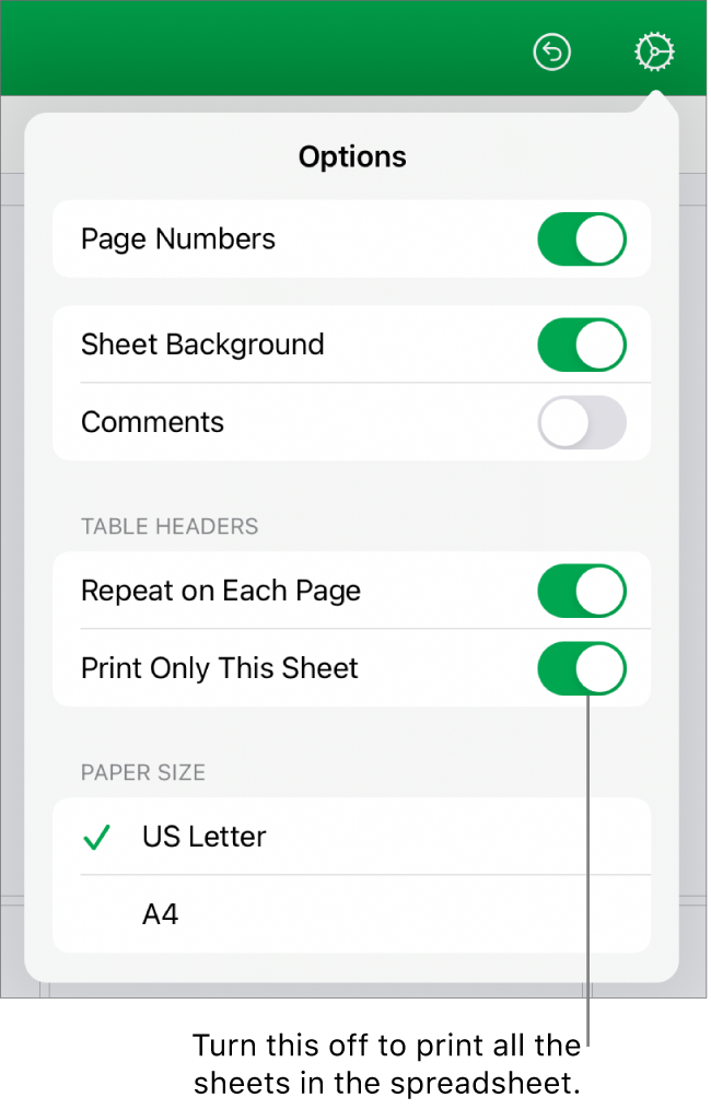 The print preview pane, with controls for showing page numbers, repeating headers on each page, changing the paper size, and choosing to print the entire spreadsheet or only the current sheet.