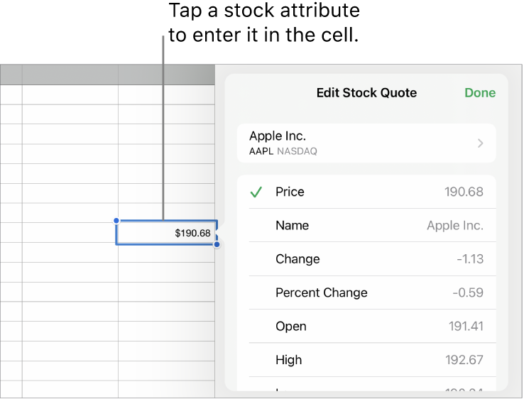 The stock quote popover, with the stock name at the top, and selectable stock attributes including price, name, change, percent change, open, and high listed below.