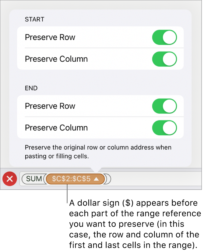 The controls for specifying which of a cell’s row and column references should be preserved if the cell is moved or copied. A dollar sign appears before each part of the range reference you want to preserve.