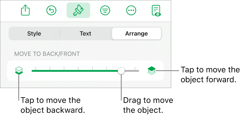 The Move Backward button, the Move Forward button, and the layering slider.