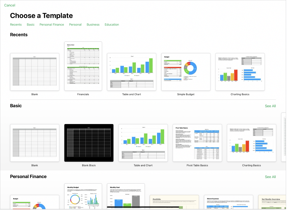 The template chooser, showing a row of categories across the top that you can tap to filter the options. Below are thumbnails of predesigned templates arranged in rows by category, starting with Basic at the top and followed by Personal Finance, Personal, Business and Education. A See All button appears above and to the right of each category row. The Cancel button is in the top-left corner.