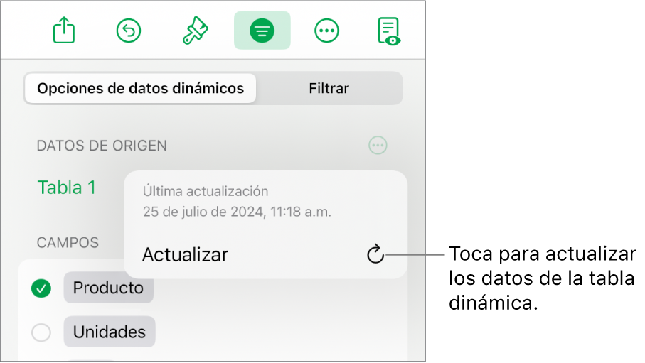El menú Opciones de datos dinámicos mostrando la opción de actualizar la tabla dinámica.