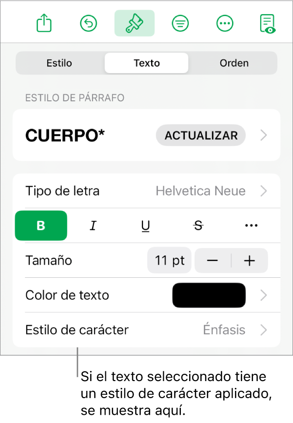 Los controles de formato de texto con Estilo de carácter debajo de los controles de color. El estilo de carácter Ninguno aparece con un asterisco.