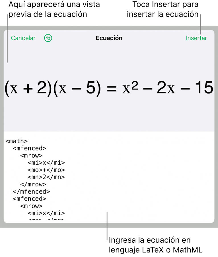 El cuadro de diálogo Ecuación con una ecuación escrita con comandos de MathML y una vista previa de la fórmula encima.