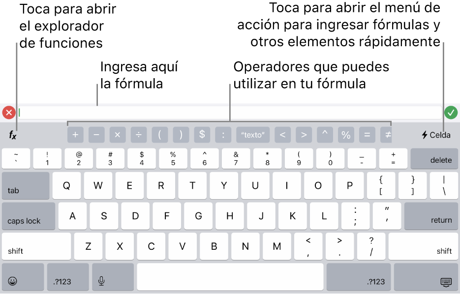 El teclado de fórmulas, con el editor de fórmulas en la parte superior y los operadores que se utilizan en las fórmulas debajo. El botón Funciones para abrir el explorador de funciones se encuentra a la izquierda de los operadores, y el botón de menú Acción se encuentra a la derecha.