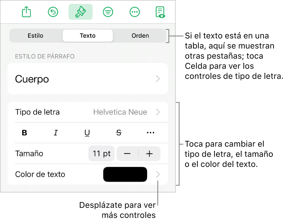 Controles de texto en el menú Formato para configurar los estilos de párrafo y carácter, tipo de letra, tamaño y color.