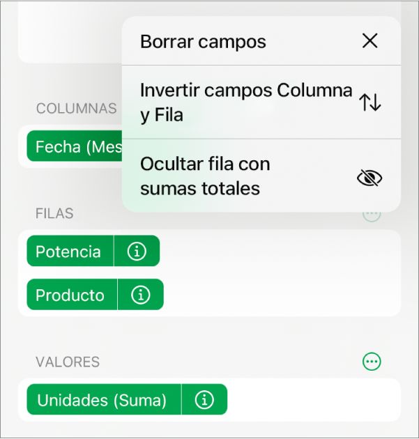 El menú Más opciones de campos, mostrando los controles para ocultar las sumas totales, invertir los campos columna y fila, y borrar los campos.