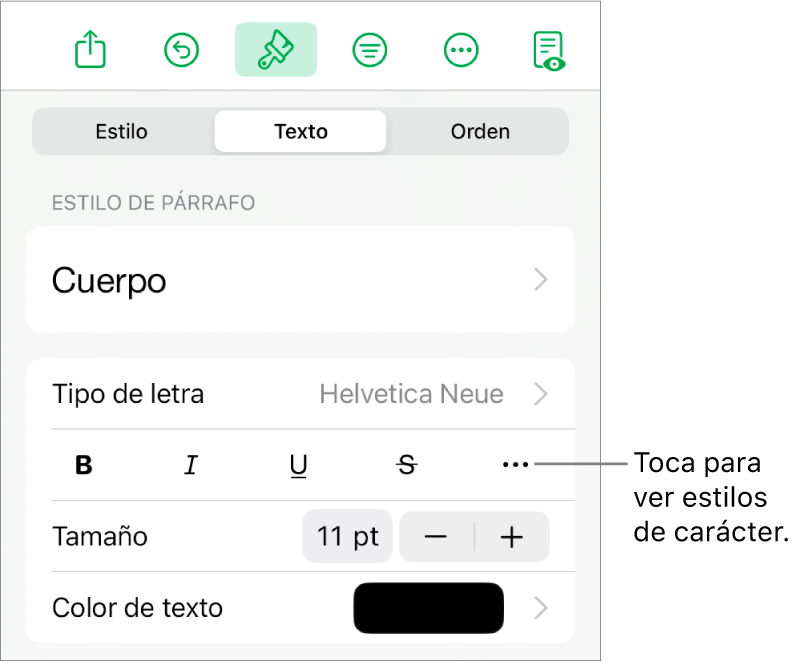 Los controles de formato con los estilos de párrafo en la parte superior, seguidos de los controles para Tipo de letra. Debajo de Tipo de letra aparecen los botones Negrita, Cursiva, Subrayado, Tachado y Más opciones de texto.