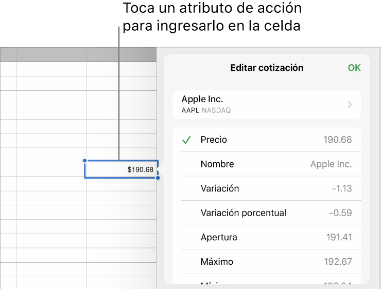 El menú desplegable de cotización de acciones, con el nombre de la acción en la parte de arriba y una lista de atributos de cotización seleccionables (precio, nombre, variación, variación porcentual y apertura) debajo.