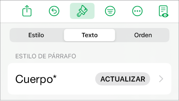 Un estilo de párrafo con un asterisco junto a él y un botón Actualizar a la derecha.