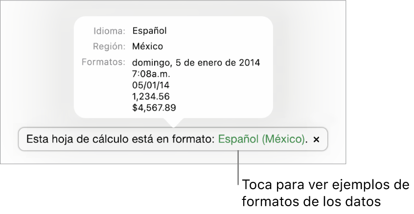 La notificación del ajuste de idioma y formato distinto, con ejemplos del formato en ese idioma y región.