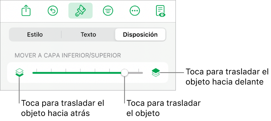 Botón “Mover hacia atrás”, botón “Mover hacia delante” y regulador de capa.