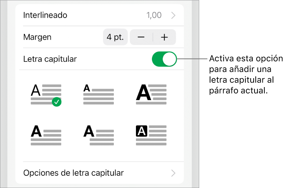 Los controles de “Letra capitular” situados en el menú Texto.