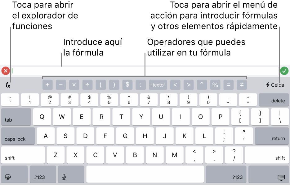 El teclado de fórmulas, con el editor de fórmulas en la parte superior y los operadores que se utilizan en las fórmulas debajo. El botón Funciones para abrir el explorador de funciones se encuentra a la izquierda de los operadores, y el botón de menú Acción se encuentra a la derecha.