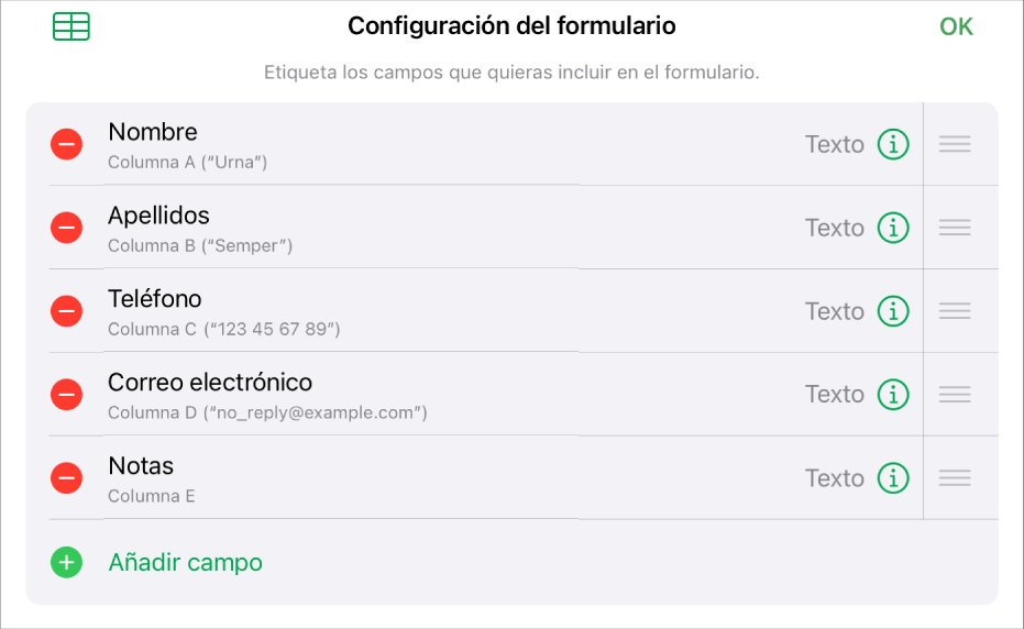 Controles configuración de formulario, con opciones para añadir, editar, reordenar y eliminar campos, así como para cambiar el formato de los campos (como de Texto a Porcentaje).