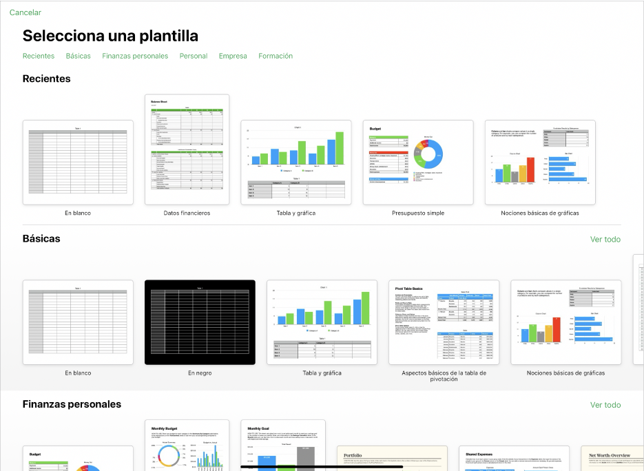 El selector de plantilla, mostrando una fila de categorías a lo largo de la parte superior en la que puedes tocar para filtrar las opciones. Debajo aparecen miniaturas de plantillas prediseñadas organizadas en filas por categorías, empezando por Básicas en la parte superior y seguida por “Finanzas personales”, Personal, Empresa y Formación. Por encima y a la derecha de cada fila de categoría aparece un botón “Ver todo”. El botón Cancelar se encuentra en la esquina superior derecha.