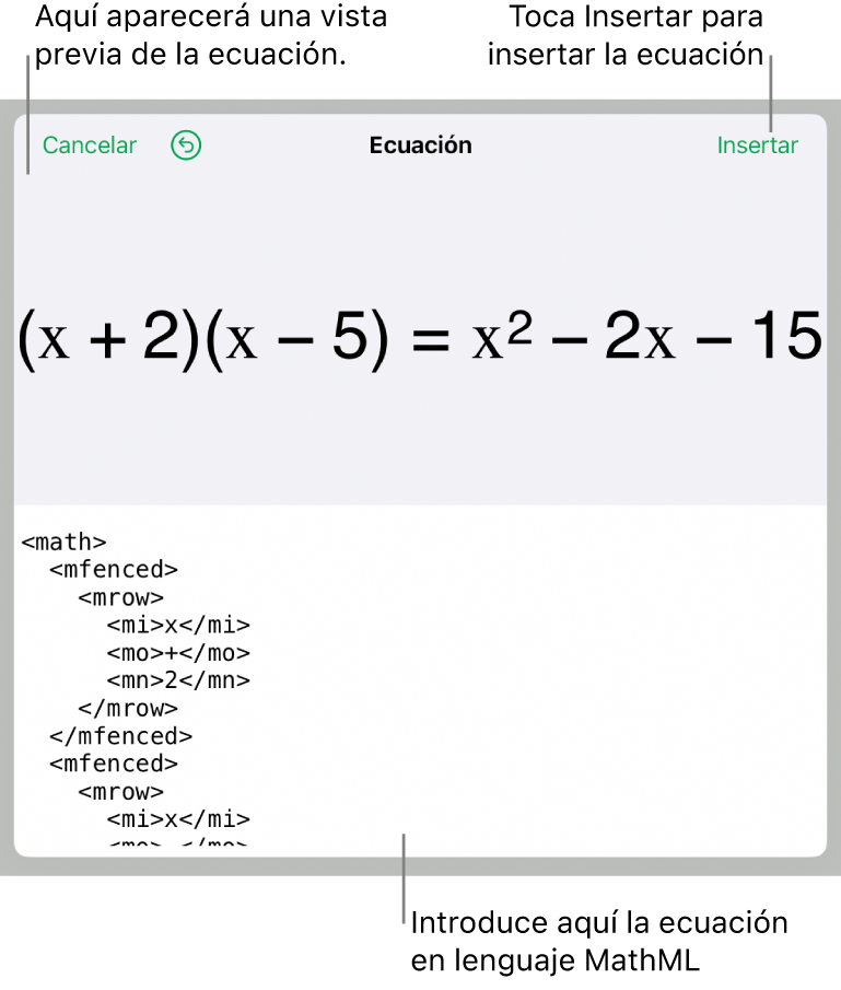 El diálogo Ecuación con una ecuación escrita con comandos de MathML y una previsualización de la fórmula encima.