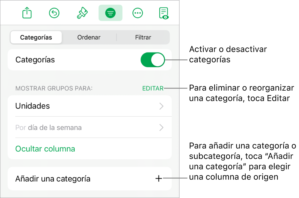 El menú Categorías para iPad con opciones para desactivar categorías, eliminar categorías, reagrupar datos, ocultar una columna de origen y añadir categorías.