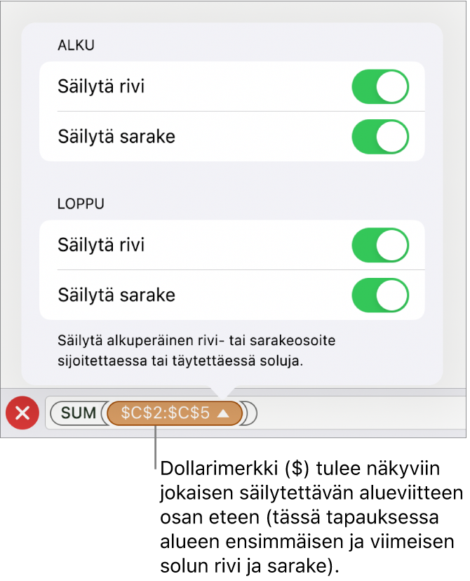 Säätimet sen määrittämiseen, mitkä solun rivi- ja sarakeviitteet tulee säilyttää, jos solu siirretään tai kopioidaan. Jokaisen säilytettävän alueviittausosan edessä näkyy dollarimerkki.