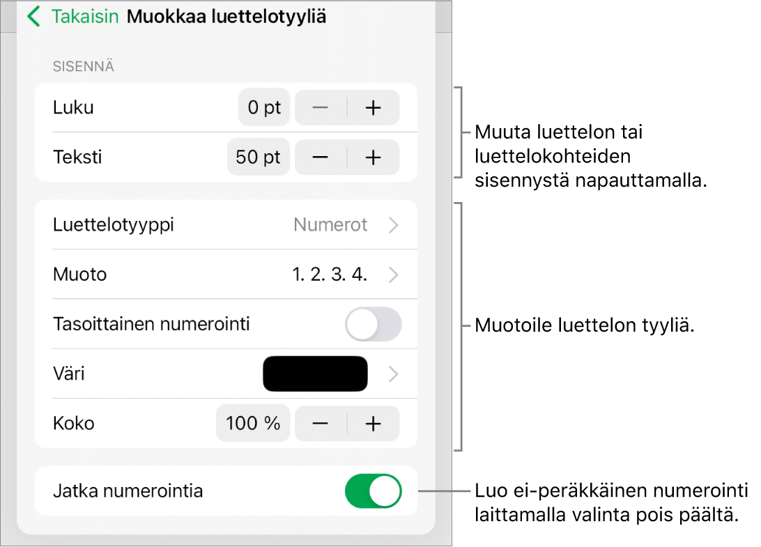 Muokkaa luettelotyyliä -valikko, jossa on säätimet sisennysten välistystä, luettelotyyppiä ja -muotoa, tasoittaista numerointia, luettelon väriä ja kokoa sekä jatkuvaa numerointia varten.