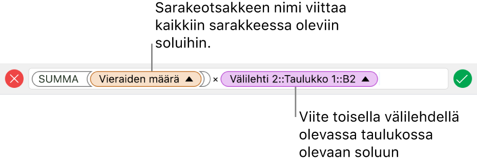 Kaavan muokkaaja, jossa näkyy kaava, joka viittaa yhden taulukon sarakkeeseen ja toisen taulukon soluun.