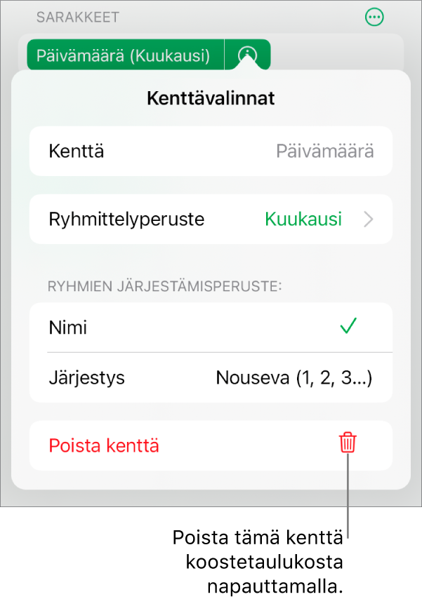 Kenttävalinnat-valikko, jossa näkyvät säätimet datan ryhmittelylle ja järjestämiselle sekä kentän poistamisen valinta.