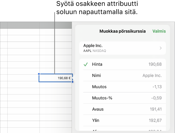 Pörssikurssi-ponnahdusikkuna, jonka yläreunassa näkyy osakkeen nimi ja sen alla luettelo valittavista osakkeen attribuuteista, kuten hinta, nimi, muutos, muutos-%, avaus ja ylin.