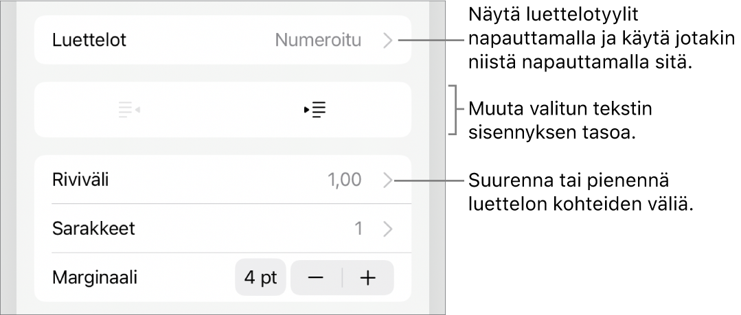 Muoto-säätimien Luettelot-osio, jossa on selitteet Luetteloihin, ulonnus- ja sisennyspainikkeisiin ja rivivälisäätimiin.