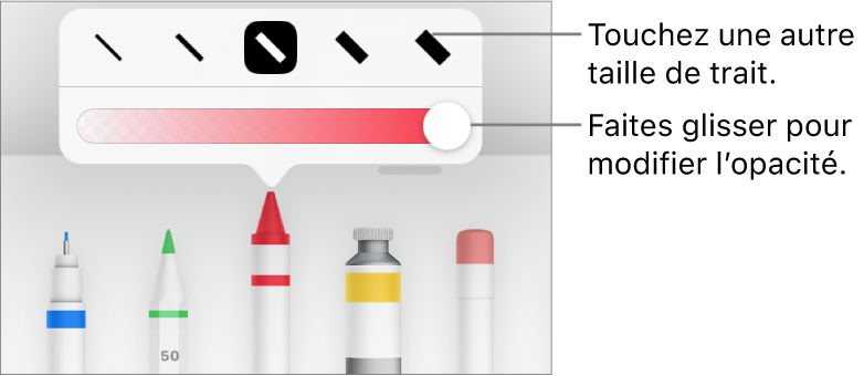 Commandes de sélection de taille de trait et curseur d’ajustement de l’opacité.