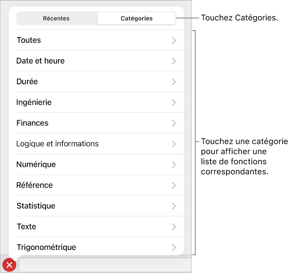 Navigateur des fonctions avec le bouton Catégories sélectionné et la liste des catégories en dessous.