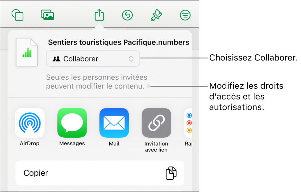 Le menu Partager avec l’option Collaborer sélectionnée dans le haut, au-dessus des réglages d’accès et d’autorisation.